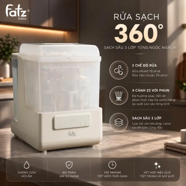 M&aacute;y rửa b&igrave;nh tiệt tr&ugrave;ng sấy kh&ocirc; si&ecirc;u sạch Fatzbaby CleanMax 3 Pro FB8803SV